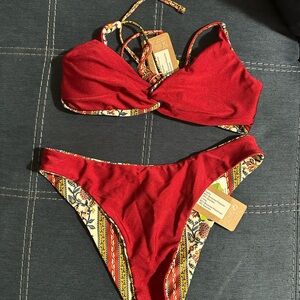 Reversible Berlook Red Bikini Set with Patterned Trim